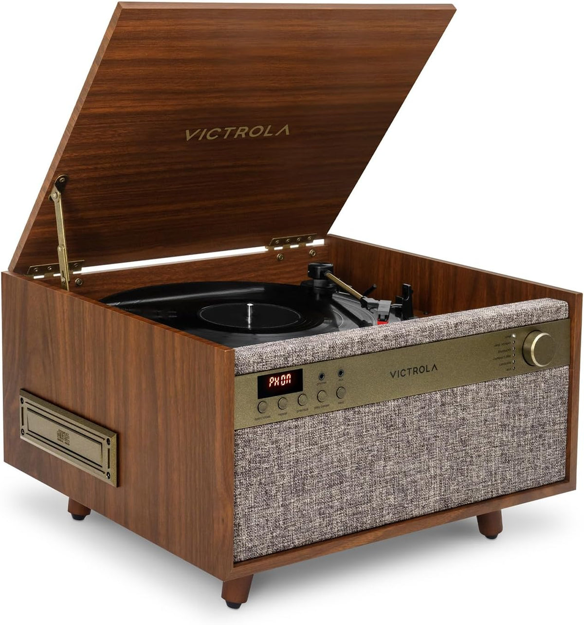 Victrola Century 6-in-1 Vinyl Record Player & Music Center – 3-Speed Turntable, CD & Cassette Player, VINYLSTREAM, Bluetooth & 3.5mm Aux, Record Player with Speakers, Mid Century Design (Walnut)