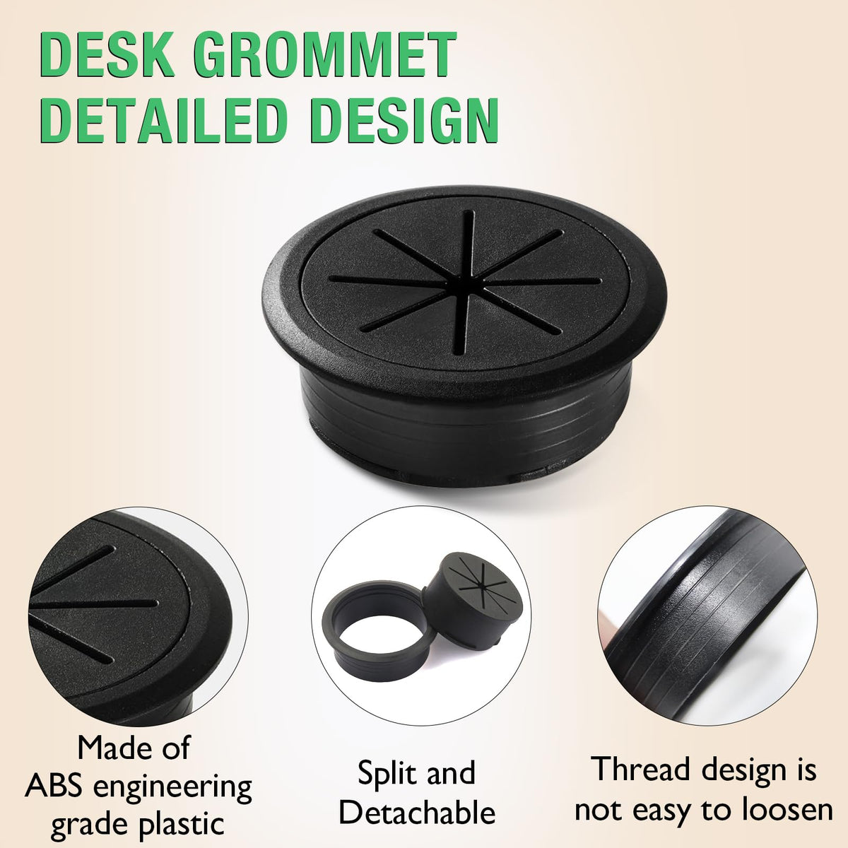 EASYEAH 2 Pcs Desk Grommet 2-3/8" / 60 mm, Desk Hole Cover for Cables Beige, Cable Grommet ABS Plastic, Desk Hole Grommet for Home & Office Pc, Detachable Cable Cord Organizer