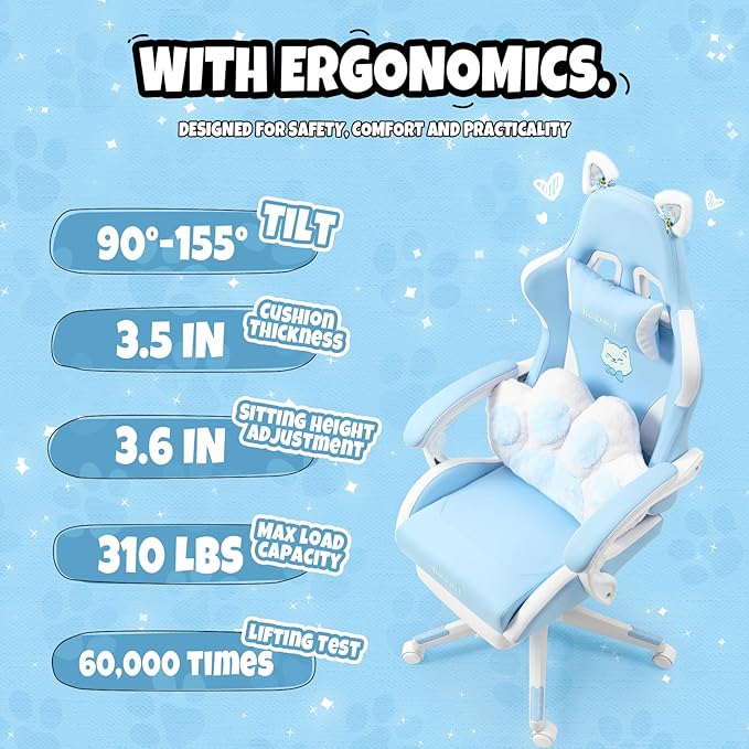 Cat Ears Gaming Chair - Ergonomic PU Leather Office Chair Cute Chair with Footrest for Adult 310lbs Capacity 90°-155° Reclining paw Pillow Blue