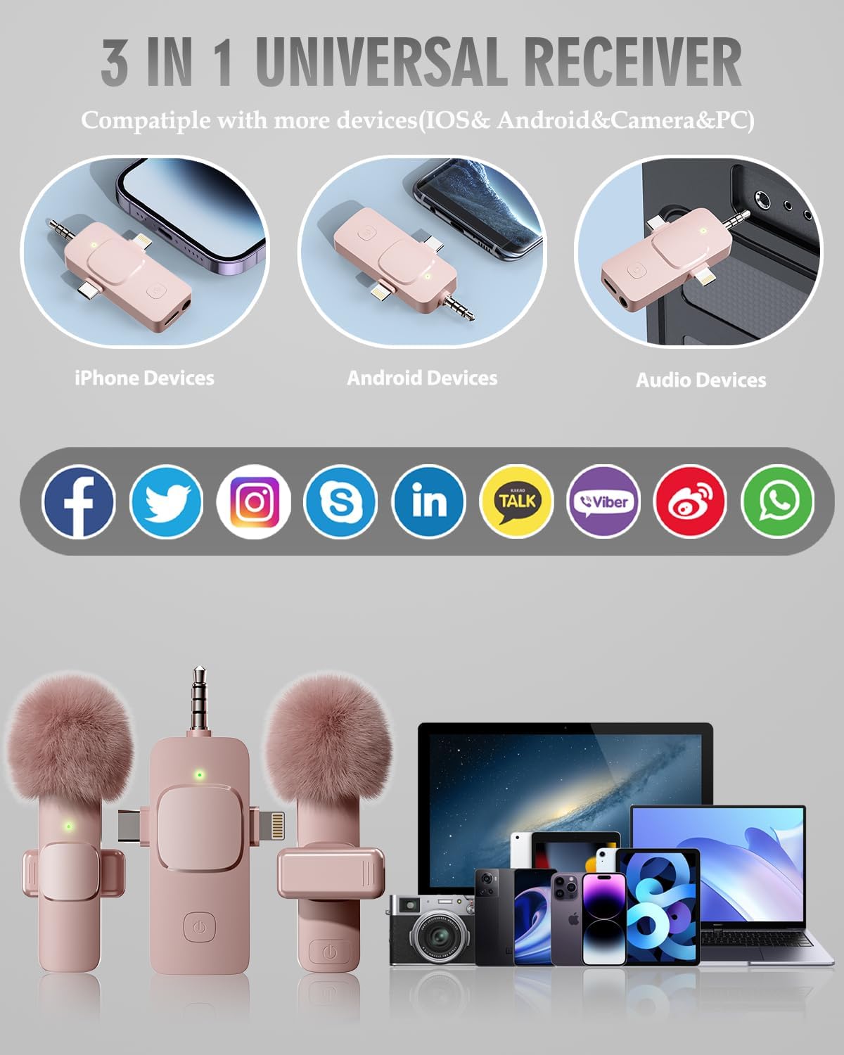 PQRQP 3 in 1 Wireless Lavalier Microphone for iPhone, iPad, Android, Camera, Mini Microphone, 7-Hour Battery, High Definition Sound Quality for Interview, Video Podcast, Vlog (Pink)