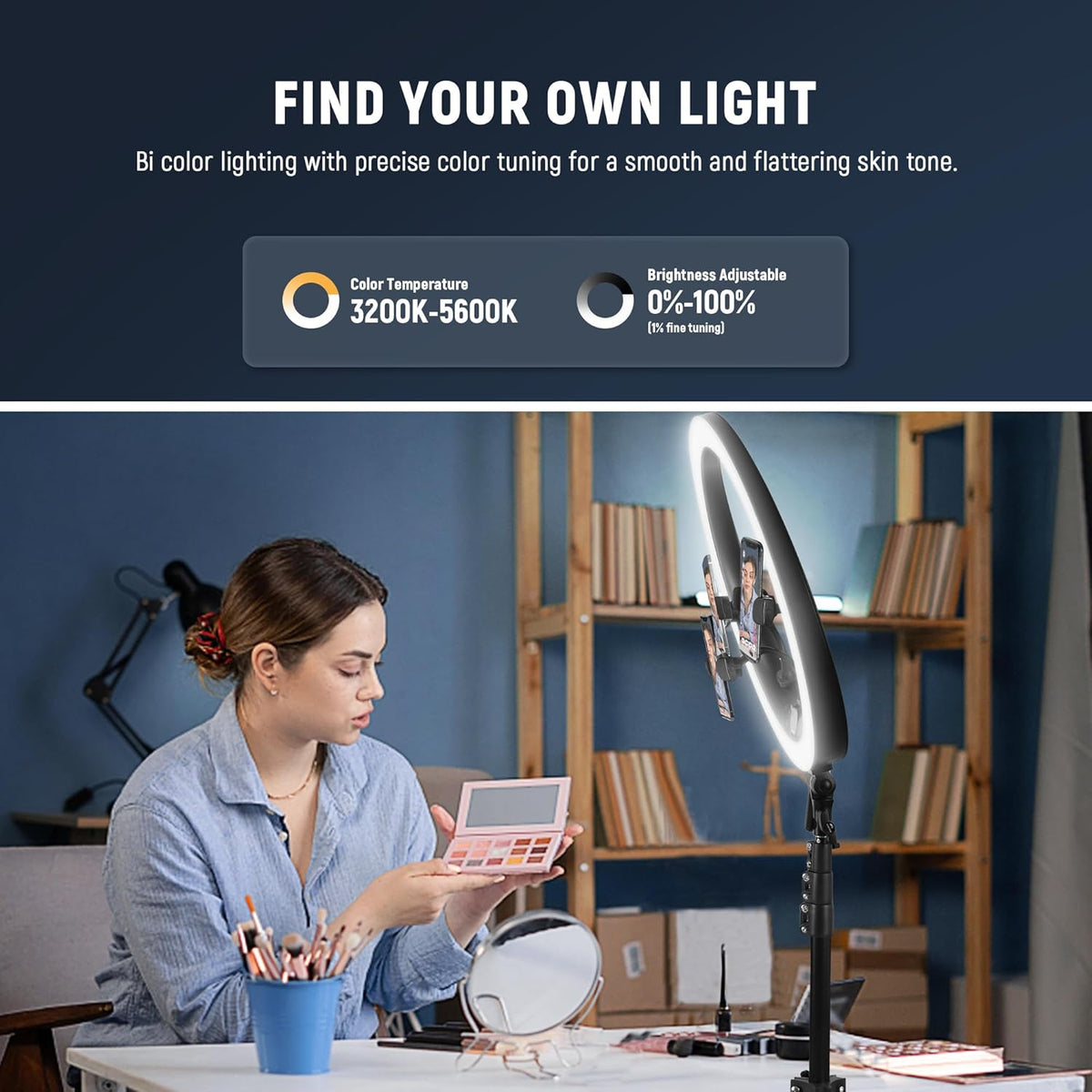 NEEWER RP19H Ring Light 19 Inches with Stand and 3 Phone Holders, Upgraded Touch Control, Smooth Dimming at 1%, 42W CRI 97+ 2540lux, Professional for Streaming Home Office Zoom Call Lighting