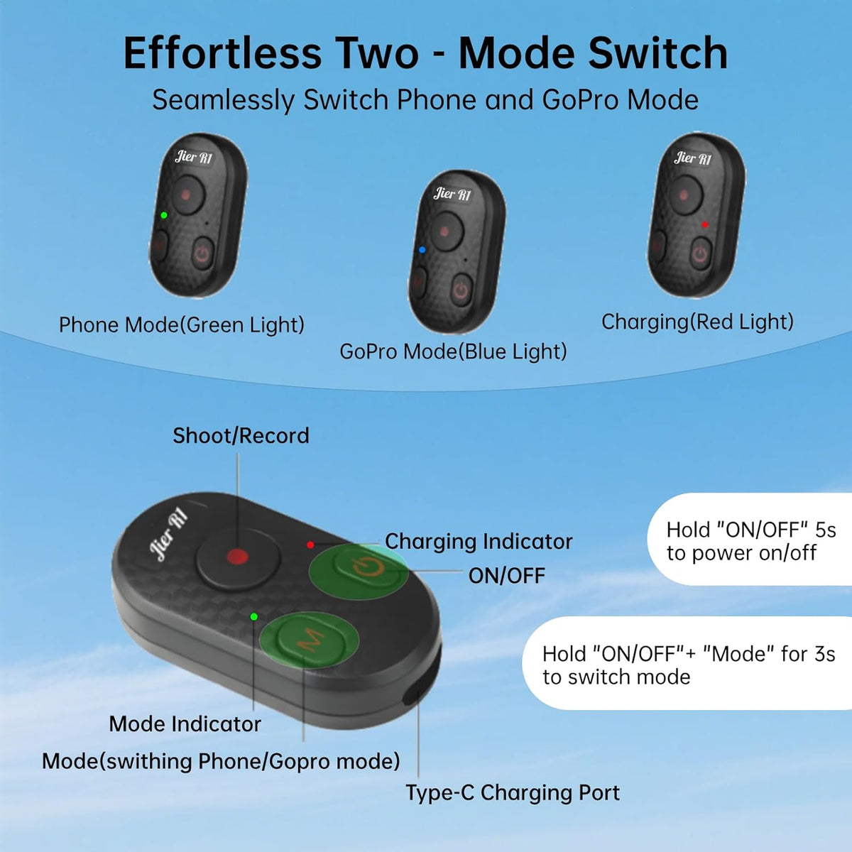 Bluetooth Camera Remote Control for iPhone, GoPro Camera Shutter Remote with Type-C Charging - 65ft Range - Instant Pairing - Compatible with iPhone 12-17 Pro Max, GoPro 8-12, iPad, Android