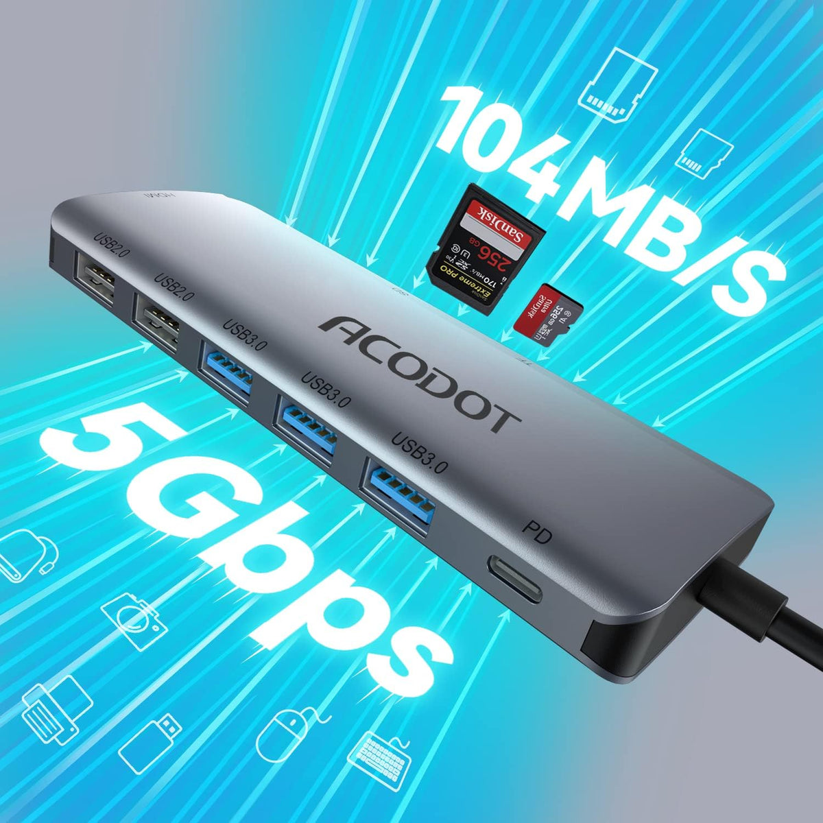 Acodot 9 1 3 4K 5 100W USB C Hub, in Type C Hub Adapter Portable Docking Station Aluminum Dongle Compatible