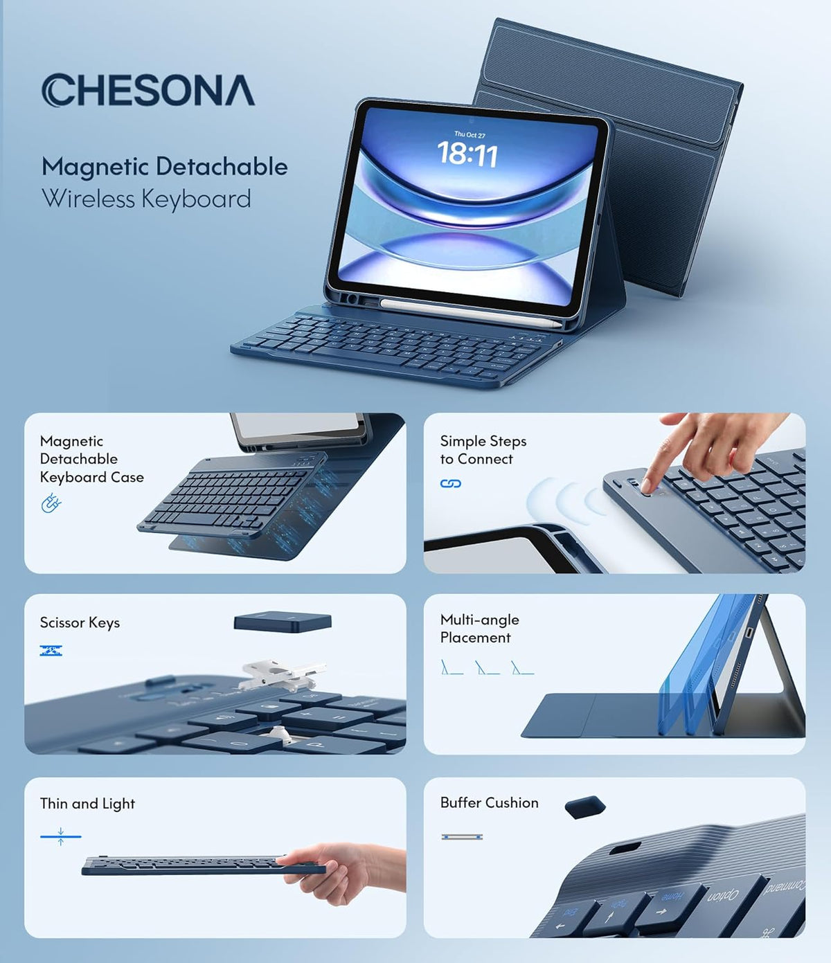 CHESONA Keyboard Case for iPad (A16) 11th/10th Generation (2025/2022), Detachable Wireless Keyboard, Stand Folio Keyboard Cover with Pencil Holder, Thin & Light (Steel Blue)