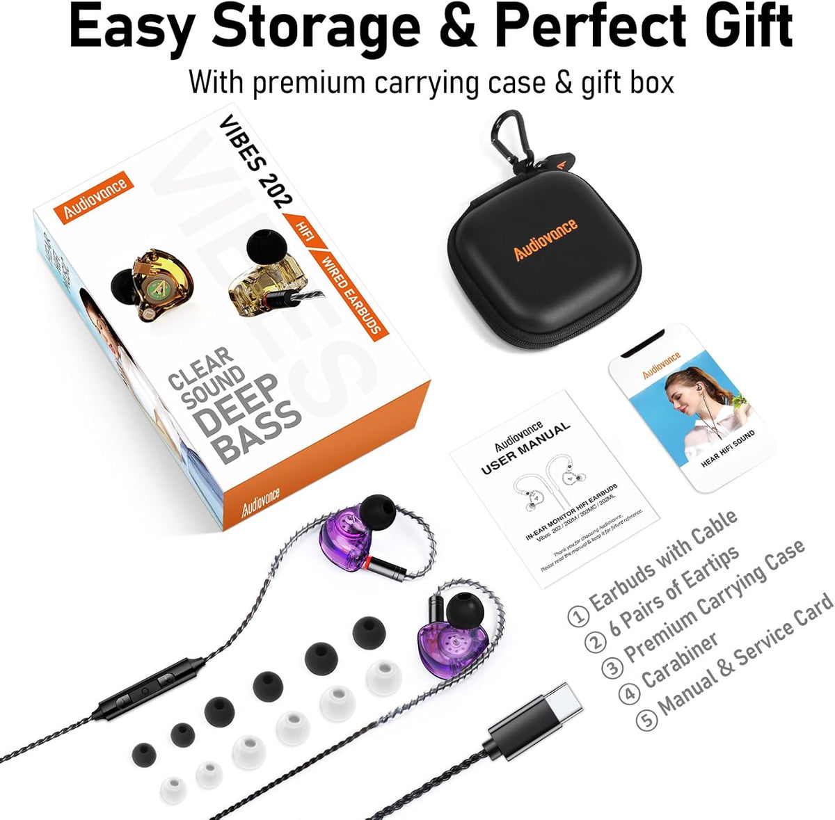 Vibes 202MC USB-C Wired Earbuds - HiFi in Ear Monitor Headphones - Noise Isolating Ear Buds w/ Mic - Clear Sound, Deep Bass & Comfort-Fit Earphones - MMCX to USBC, Silver Plated Cord, Carrying Case