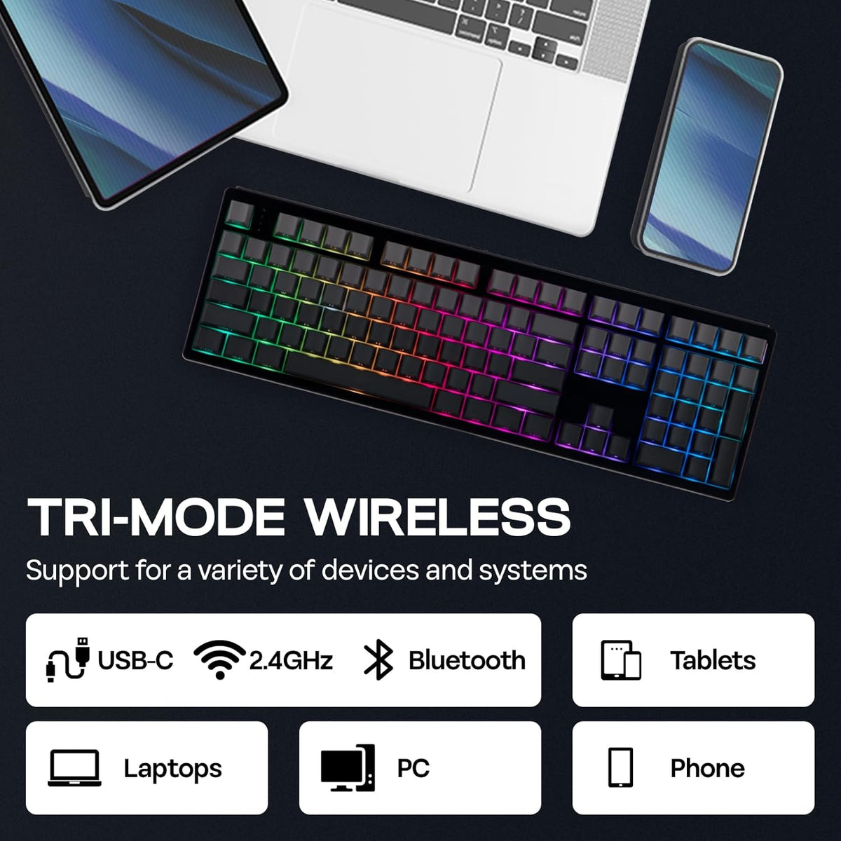 EPOMAKER TH108 Full Size Mechanical Keyboard, Wireless Gaming Keyboard with 8000mAh Battery, Creamy Gasket, 108 Keys, Hot Swap, Custom Driver, RGB Backlight (Black, Creamy Jade)