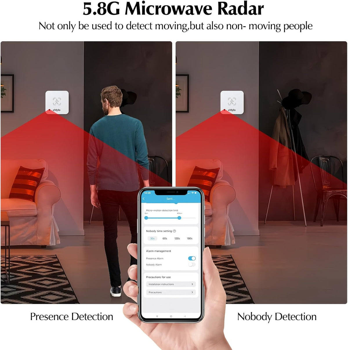 eMylo 24/7 Business(2.4 1 Pack) WiFi Human Presence Sensor, WiFi Millimeter Wave Radar Detection - No Hub Needed, Smart