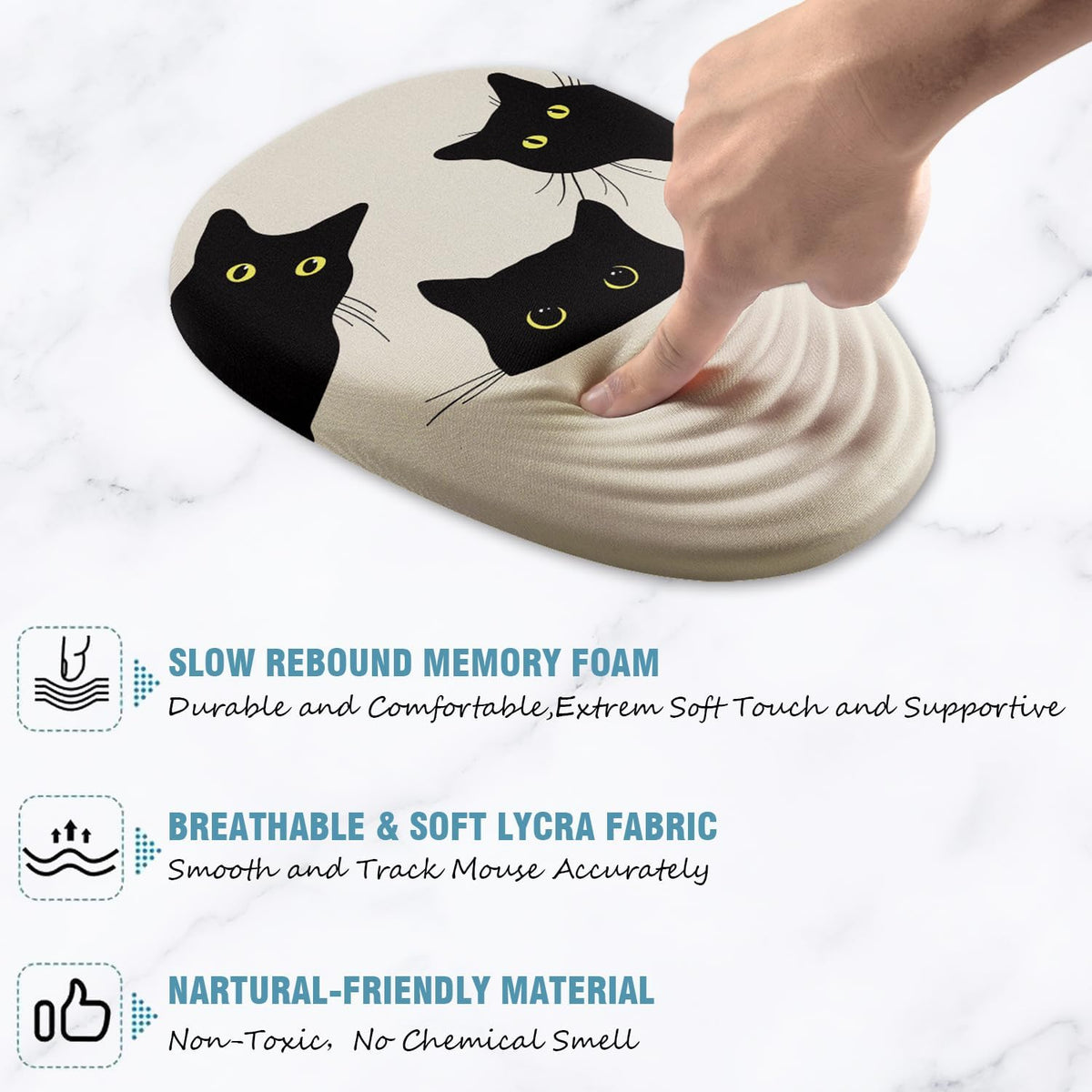 Mouse Pad, Ergonomic Mouse Pad with Wrist Rest Support and Non-Slip PU Base, Cute Computer Mousepad for Pain Relief, Office & Home, Beige Three Cats