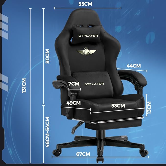 GTPLAYER Gaming Chair Fabric with Pocket Spring Cushion Big and Tall Gamings Chairs 350LBS High Back Computer Chair with Footrest for Adults Lumbar Support Swivel Game Chair for Office Light Black