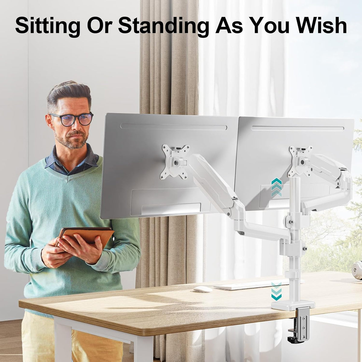 MOUNT PRO Dual Monitor Mount for 13-32" Computer Screen, Tall Monitor Stands for 2 Monitors, Adjustable Gas Spring Double Vertical Monitor Desk Mount, Each Arm Holds 4.4 to19.8lbs, VESA Mount, White