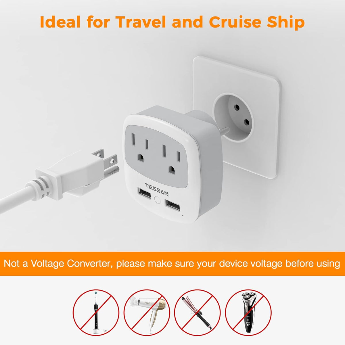 TESSAN Israel Power Adapter, Type H Travel Plug Adaptor with 2 USB Ports 2 American Outlets for US to Israel Jerusalem