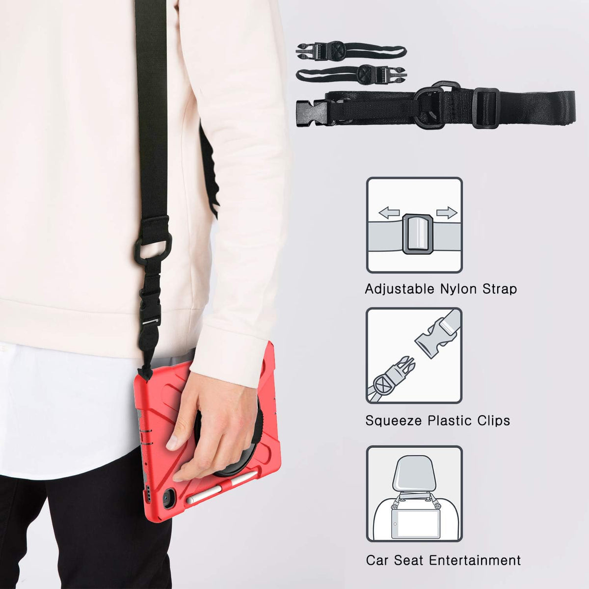 BRAECN for Samsung Galaxy Tab S6 Lite Case, Heavy Duty Rugged Cover with [Rotating Hand Strap] [Carrying Shoulder Strap] [Kickstand] [S Pen Holder] for Galaxy Tab S6 Lite 10.4 2024/2022/2020 -Red