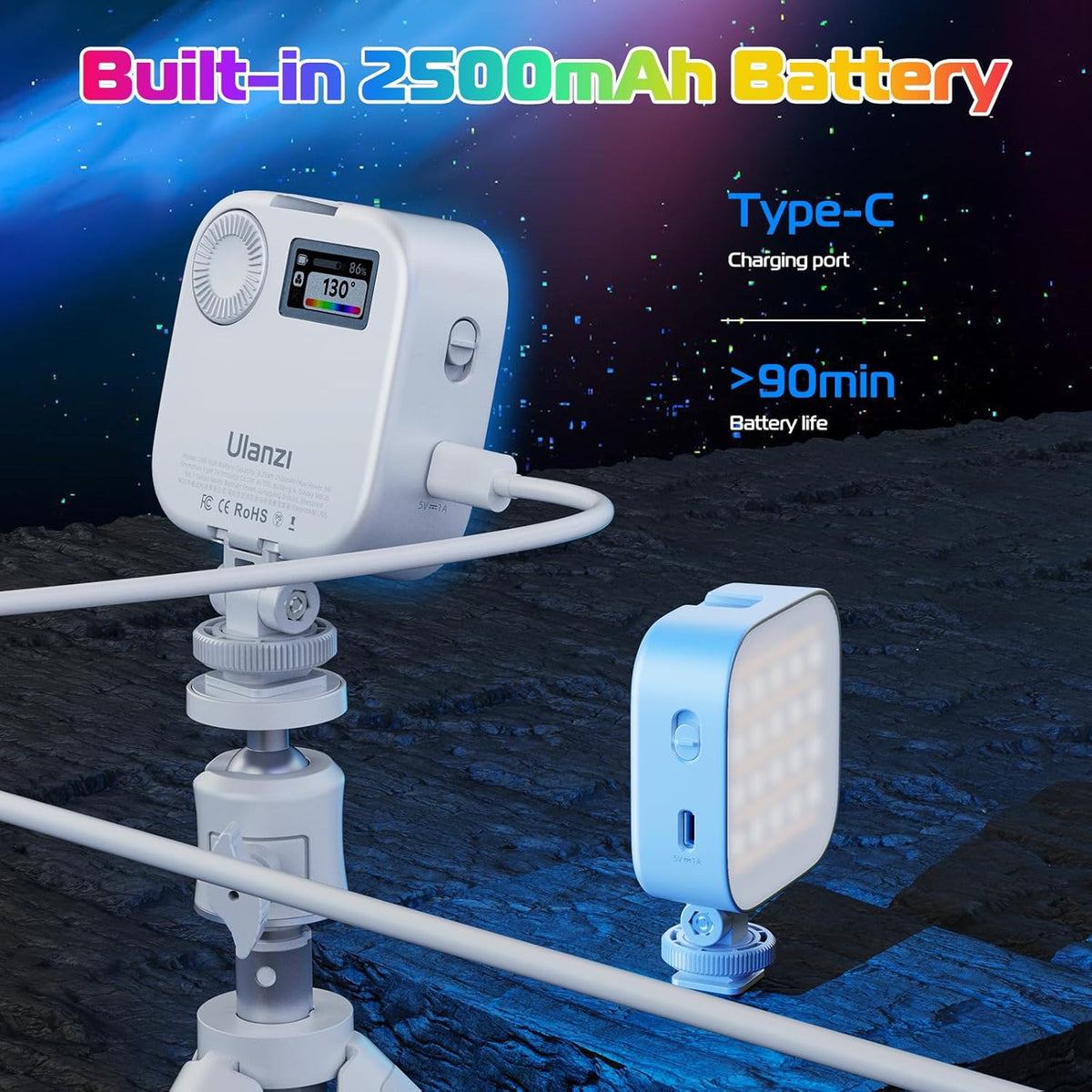 ULANZI U60 RGB Video Lights White LED Camera Light 360° Full Color Portable Photography Lighting w Quick Release Cold Shoe Adapter and Clip, 2500mAh Rechargeable CRI 95+ 2500-9000K Dimmable Panel Lamp