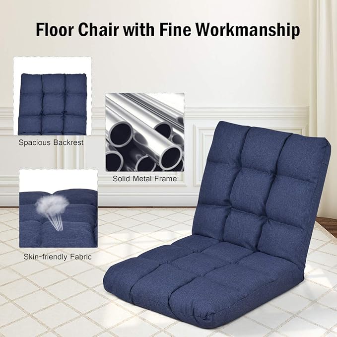 LDAILY Floor Chair Padded Gaming Sofa Chair with Adjustable Backrest and Thick Seat Cushion Cushioned Back Support Versatile Metal Frame Floor Seating Great for Reading Gaming Meditation (Blue)
