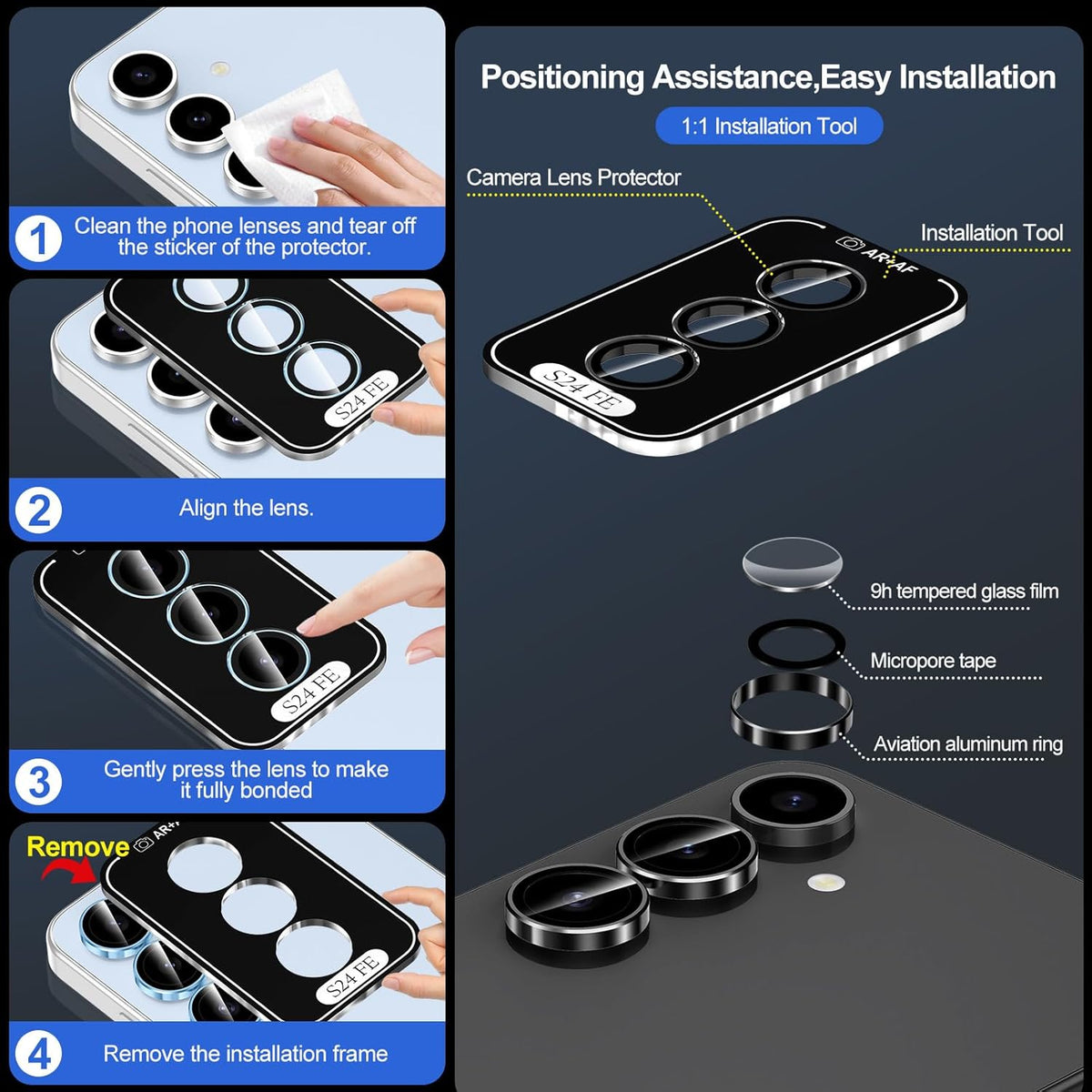 for Samsung Galaxy S24 FE Camera Lens Protector, Individual Metal Ring Tempered Glass Lens Cover, [Strong Adsorption] Scratch Resistant Ultra-Thin HD Clear Lens Cover, 1 Set-Black Ring