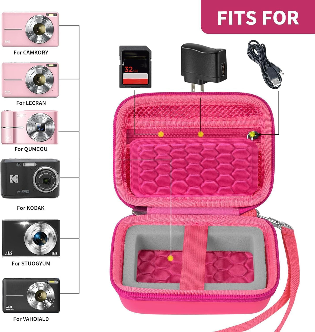 Carrying & Protective Case for Digital Camera, AbergBest 21 Mega Pixels 2.7" LCD Rechargeable HD/Kodak Pixpro/Canon PowerShot ELPH 180/190 / Sony DSCW800 / DSCW830 Cameras for Travel - Bright Pink
