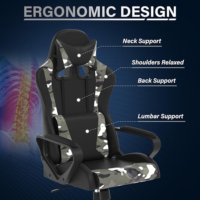 Ergonomic PU Leather Computer ChairHome Office Desk Chair with Adjustable Lumbar SupportExecutive High Back 360°Swivel Rolling Gaming Chairs for Adults(CAMO)