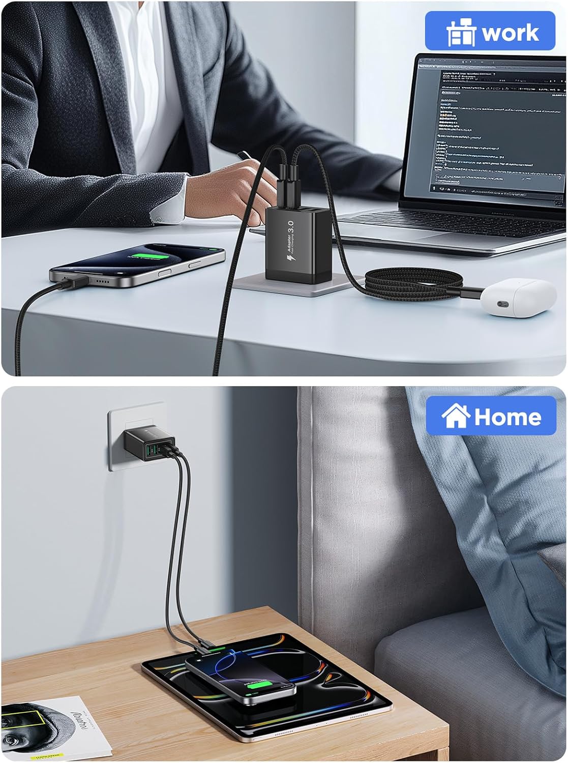 40W USB C Charger Cube, 2Pack 4-Ports Wall Plug Fast Charging Block with 6FT USBC to USBC Cord, Multiport Brick Type C Box Compatible with iPhone 16/15, Samsung S25 S24 S23, iPad, Cellphones Charger
