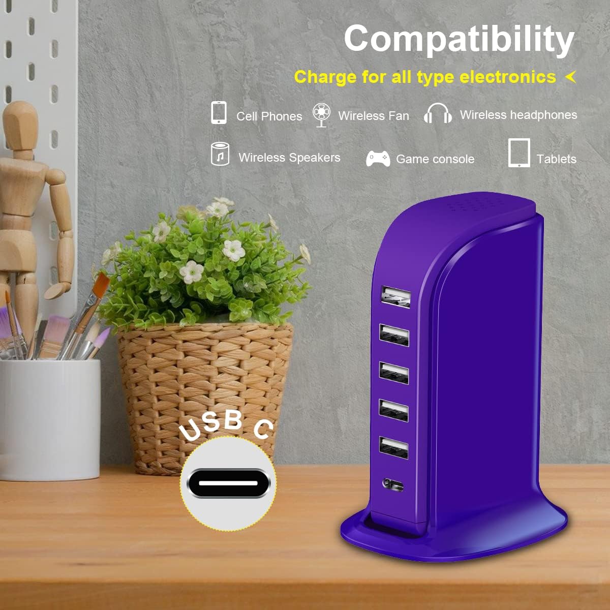 iPhone Charger Fast Charging Upoy, Multi Device USB Charging Station, 6 Ports USB Blocks, Power Adapter 1 USB C + 5 USB A Ports, Kawaii Electronics Accessories, Essentials for Travel, Vacation, Home