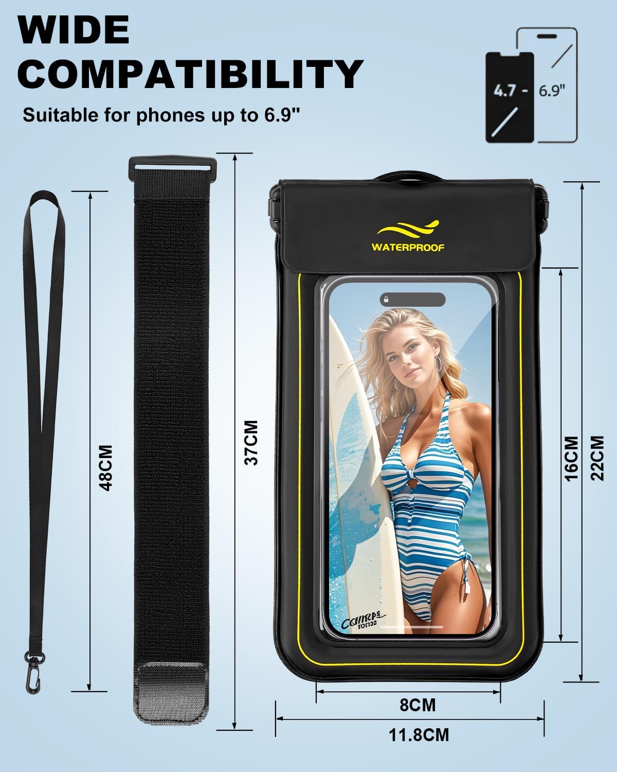 2-in-1 Waterproof Phone Pouch & Phone Armband Floating, Underwater Water proof Phone Cases with Detachable Strap, Waterproof Bags Up to 6.9", Beach Vacation Essentials Water Park Essentials
