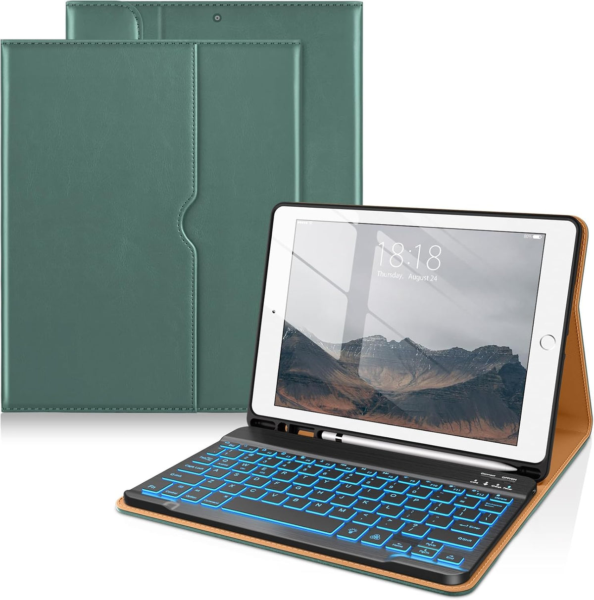 DTTO for iPad 9th/8th/7th Generation 10.2" Case 2021/2020/2019 with Keyboard, 7 Colors Backlit Wireless Detachable Keyboard Premium Leather Folio Cover with Pencil Holder & Pocket, Midnight Green