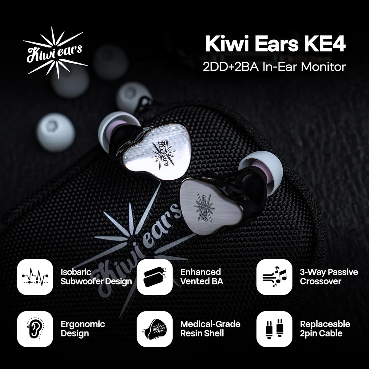 Linsoul Kiwi Ears KE4 in Ear Monitor, 2DD+2BA Hybrid Earphone, Gaming Earbuds, HiFi Wired IEM, with Detachable IEM Cable for Musician Audiophile (Silver)