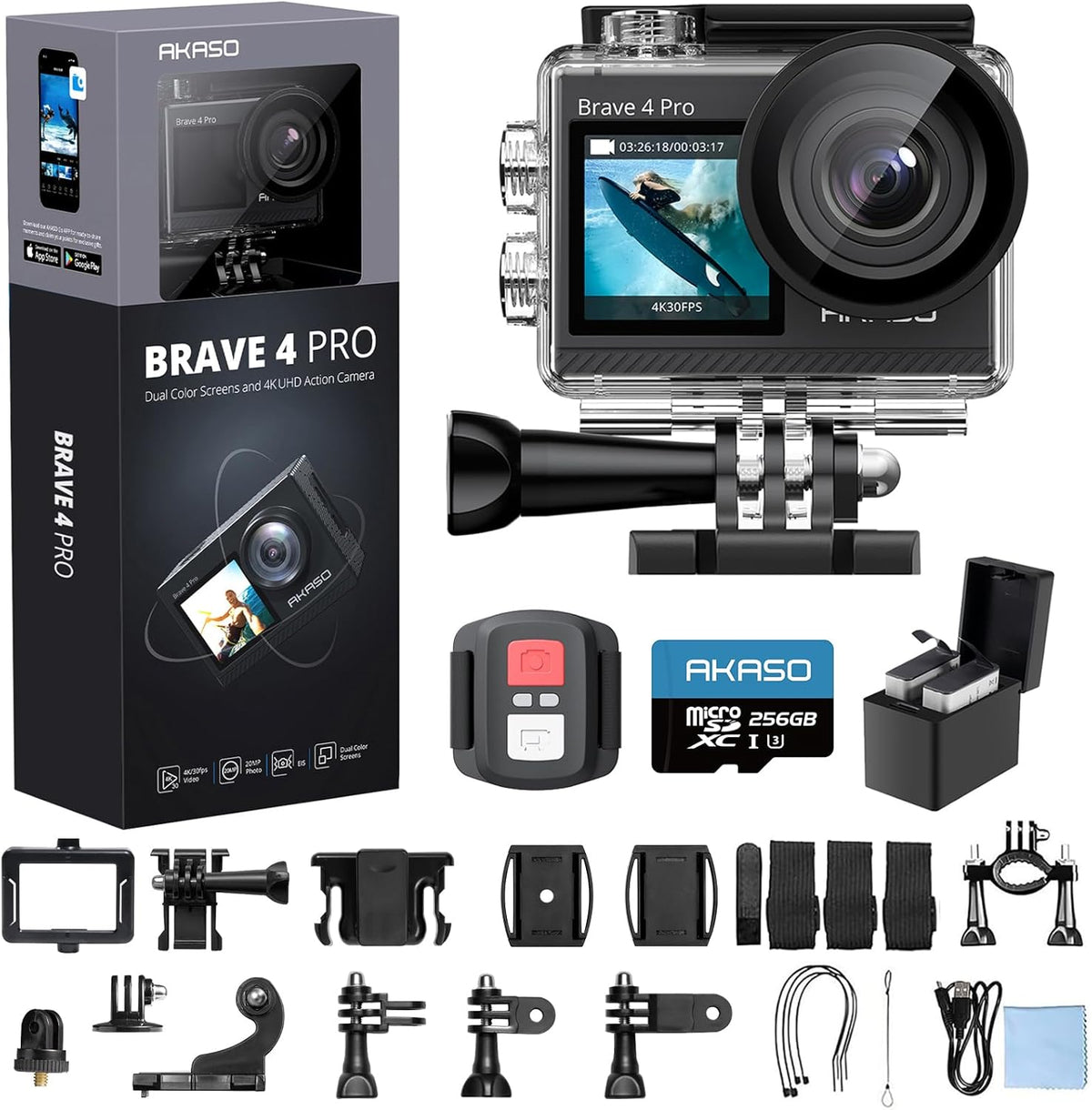 AKASO Brave 4 Pro 4K30 Action Camera with 256GB MicroSD U3 Card 131FT Underwater Waterproof Camera EIS Touch Screen Remote Control with 2x1350mAh Batteries and Helmet Accessories Kit Bundle