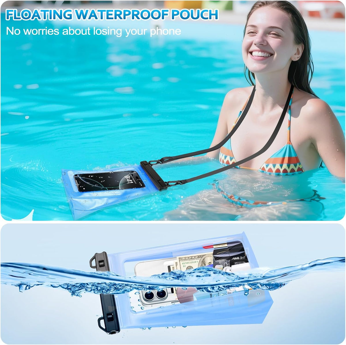 2 Pack Large Waterproof Phone Pouch, IPX8 Double Sealing Floating Waterproof Bag for iPhone 16 15 14 Pro Max Sumsang S25 S24 Google All Devices