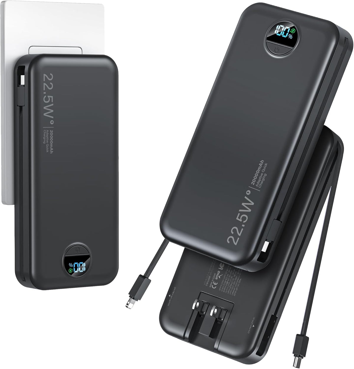 20000mAh Ultra-Portable-Charger-Power-Bank with Built in Cables&AC Wall Plug,PD20W USB-C Fast Charging Cell Phone Charger Battery Pack,LED Display Travel Battery Bank for All iPhone,Samsung,Android