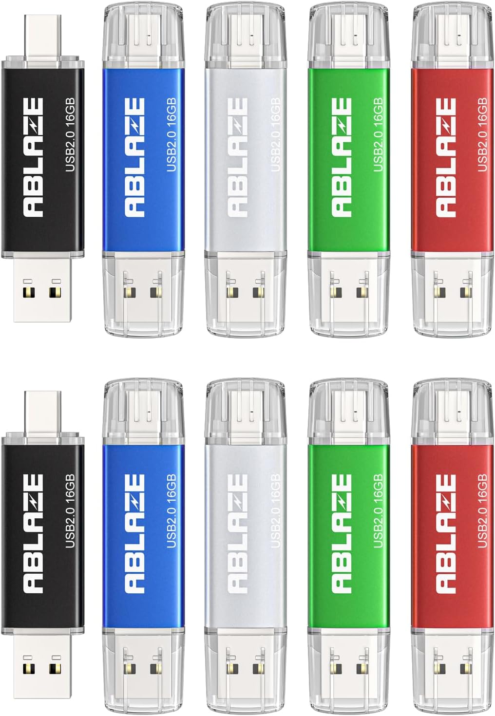 ABLAZE 16GB Type C Flash Drive 10 Pack, Dual USB 2.0+USB C Memory Stick Thumb Drive Compatible with iPhone 16/15, Android Smartphone, Computers, Tablets, Mac,iPad,PC