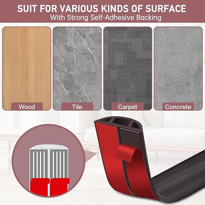 Floor Cord Cover Self Adhesive Cord Hider Floor Extension Cord Covers for Floor Power Cord Protector Cable Management Prevent Cable Trips Cable Cavity 0.47" W x 0.27" H (Dark Walnut, 20Ft)