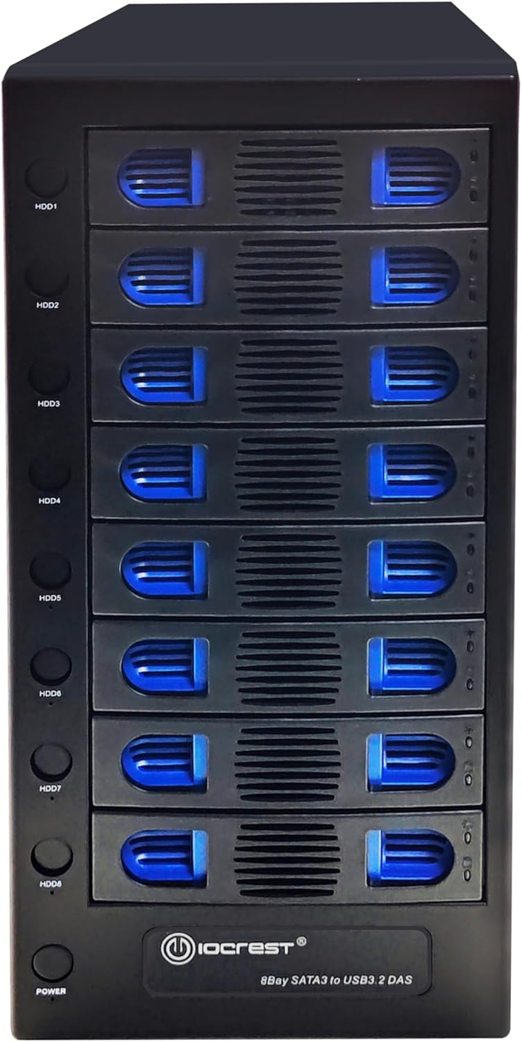8 Bay Tool Less Tray Hot Swapable 2.5" and 3.5" SATA Hard Drive External USB-C 3.2 (10Gbps) Hard Drive Enclosure. Support up to 8X 22TB Capacity.