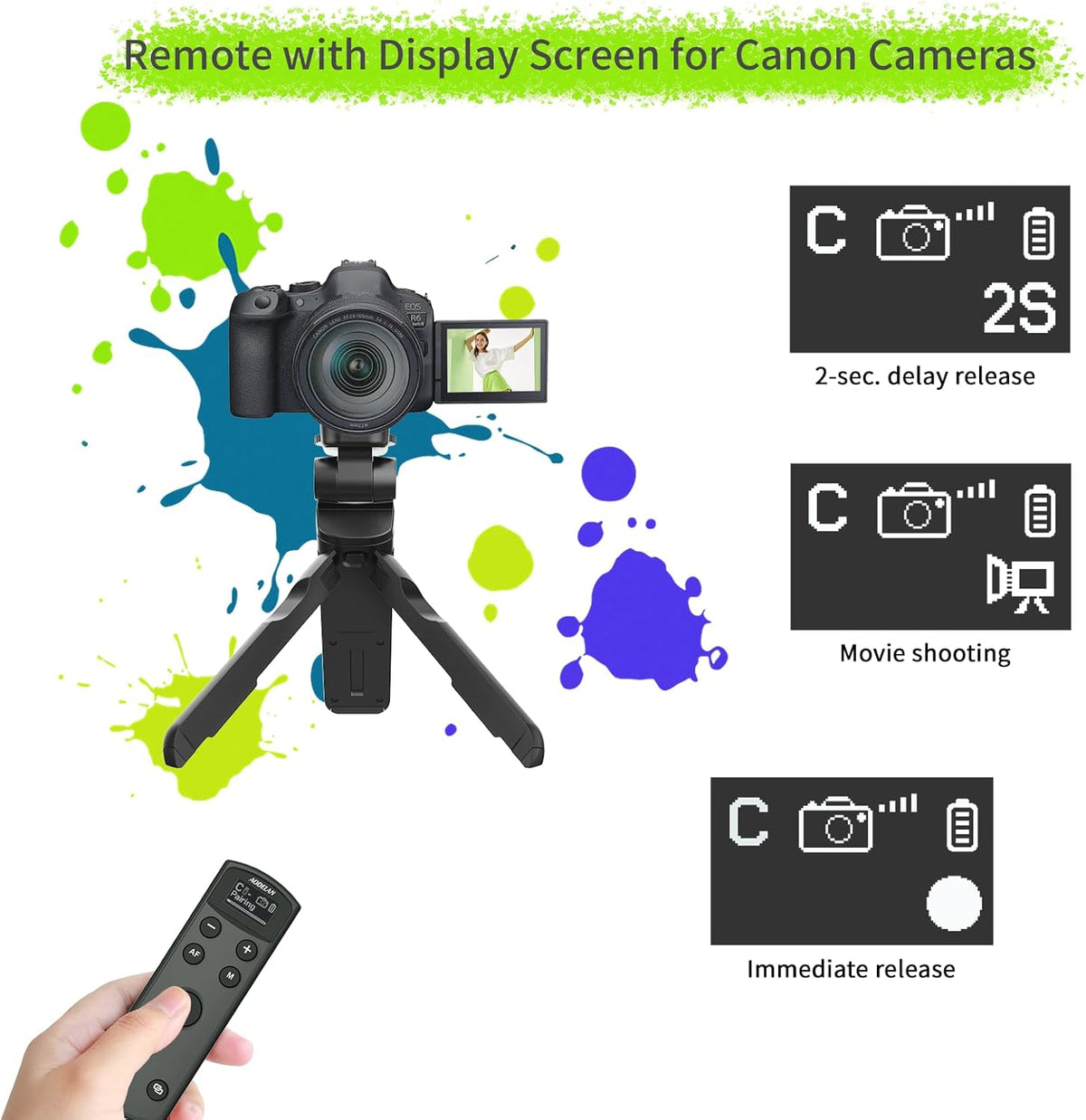 Remote Control for Canon Camera,Rechargeable Wireless Shutter Release with OLED Screen for Canon EOS RP, EOS R, R5, R6, M50, M50 II, 6D Mark II, 77D, 850D, 800D, Rebel T7i, T8i, 90D; Replaces BR-E1