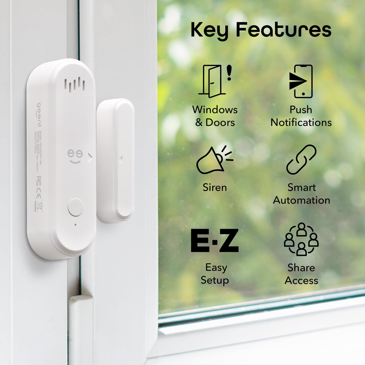 Geeni Smart Door and Window Sensor Alarm 2 Pack WiFi Battery Powered Security Sensor with Siren, Instant Alerts, Alexa & Google Assistant Compatible