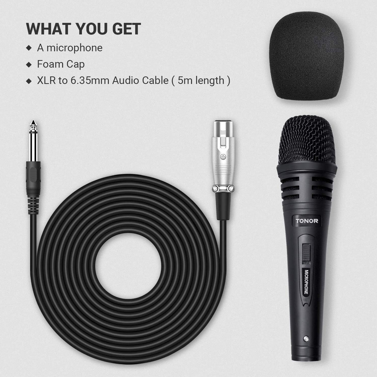 TONOR K1 Vocal Microphone for Singing, Dynamic Handheld Wired Karaoke Mic, Microfono with 5M XLR to 1/4" Cable, Compatible with Amp, Mixer, Suitable for Speech, Karaoke and Outdoor Activities