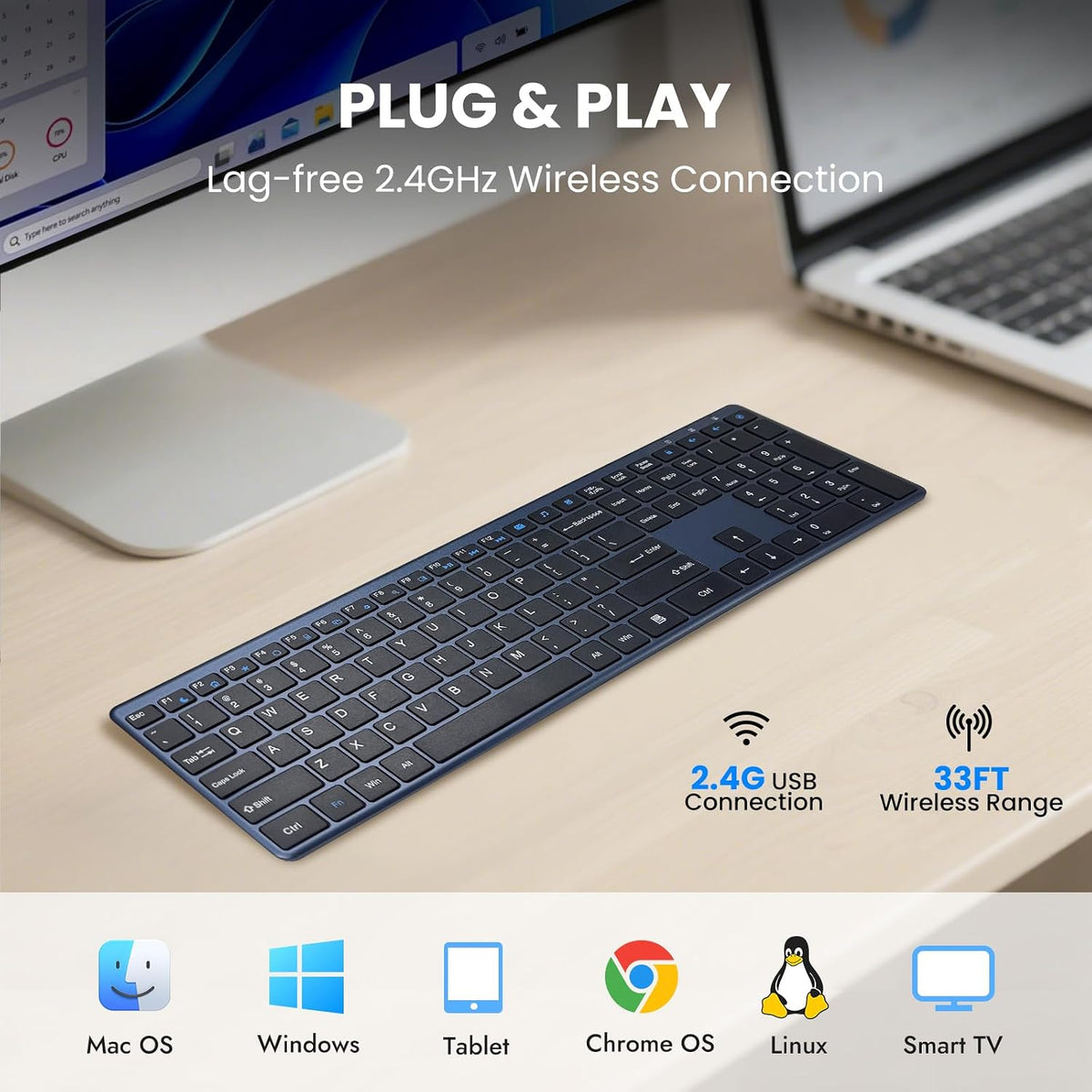 INFINMIND Keyboard-2.4G Keyboard,19 Wireless Ultra Slim Quiet Full Size USB PC Computer Multimedia Keys,Number