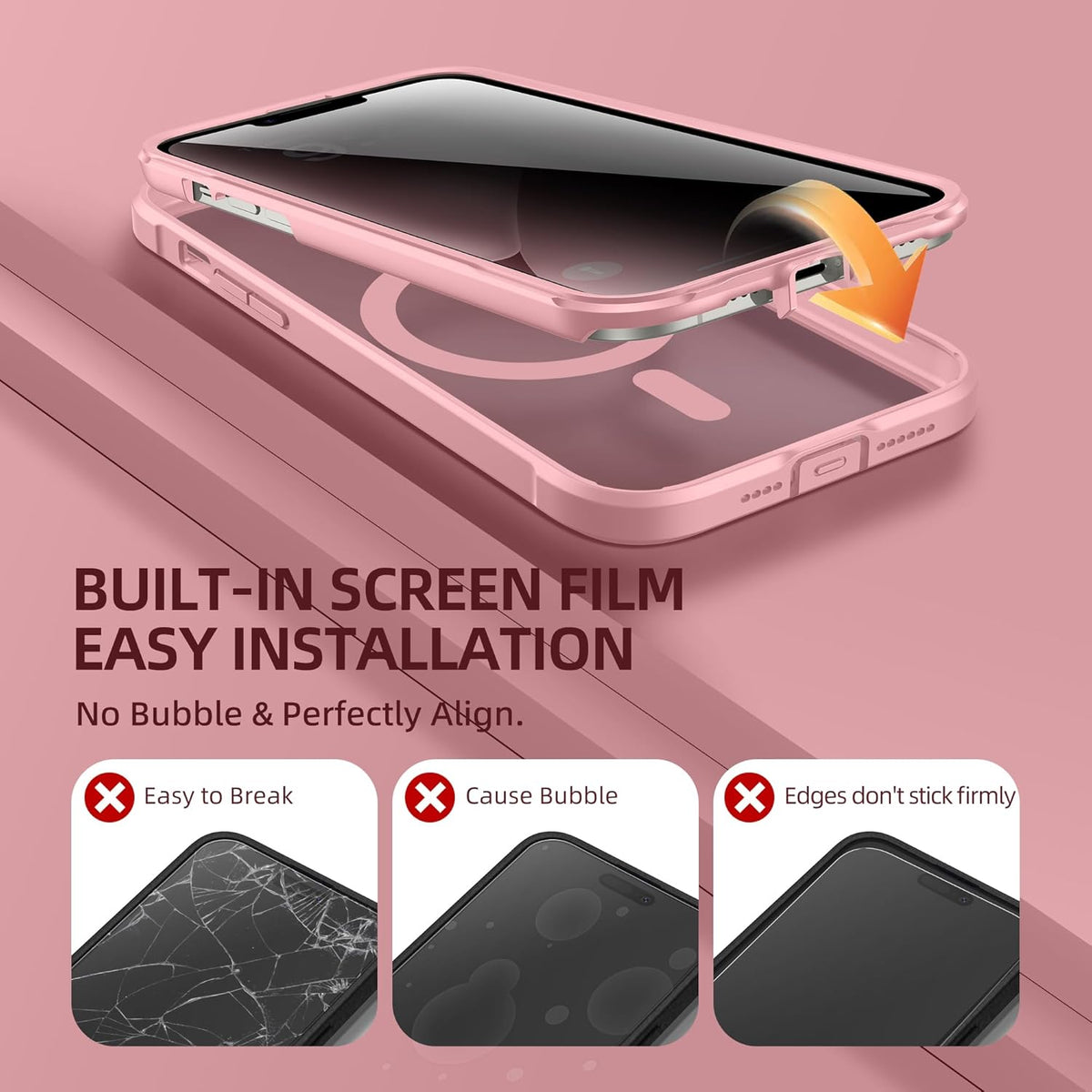 BERFY Magnetic for iPhone 13 Pro Max Case, Compatible with MagSafe, Built-in Privacy Screen Protector and Upgraded Camera Protection, Anti-Spy Full Body Shockproof Phone Case for 13 Pro Max 6.7", Pink