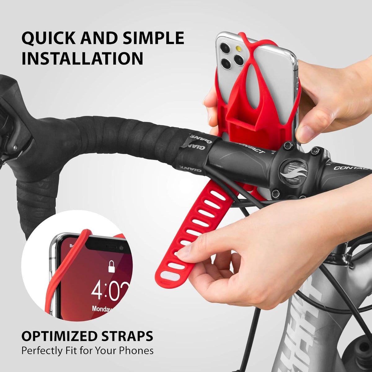 BONE Bike Tie 4, Bike Cell Phone Mount for Handlebar, Scratch-Free Silicone Holder with Anti-Slip Design, Universal Cycling Phone Holder Compatible with Most Smartphones (Red - Handlebar)