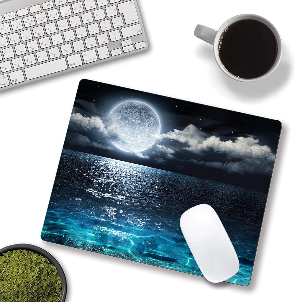 Mouse Pad, Ocean and Moon Mouse Pad, Square Waterproof Mouse Pad Non-Slip Rubber Base MousePads for Office Laptop, 9.5"x7.9"x0.12" Inch(Ocean and Moon)