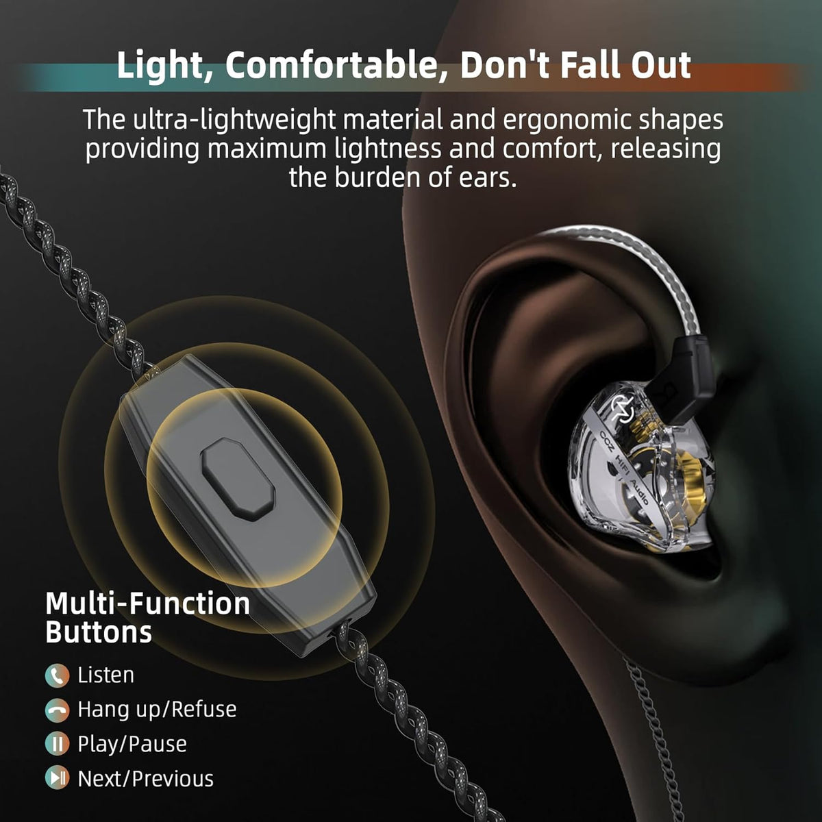 CCZ DC01 Pro Gaming Earbuds, Professional iems for Gaming, Super Bass in Ear Monitor Headphone Wired Earphones with 1DD, Patent Ear fins, Ear tips, for School Student Laptop Podcaster (black with mic)