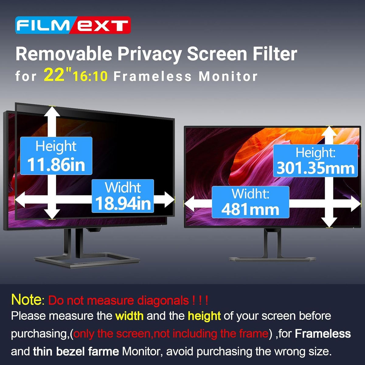 FILMEXT [2 Pack 22 Inch Computer Privacy Screen Filter for 16:10 All-in-One Desktop/Frameless Monitor - Removable Blue Light UV Blocking Privacy Shield for Thin Bezel Computer