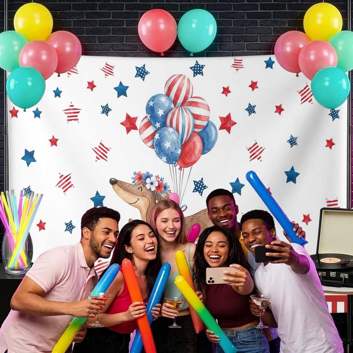 Generic 10 8 Independence Day Photo Backdrop for Photoshoot, x FT Flag Day Sausage Dog Blue Red Star Balloon Photo