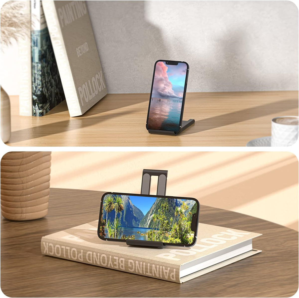 ESSAGER 2 Pack Foldable Mini Cell Phone Stand, Adjustable Mobile Phone Holder for Desk Compatible with iPhone/Kindles/Smartphones (Black)