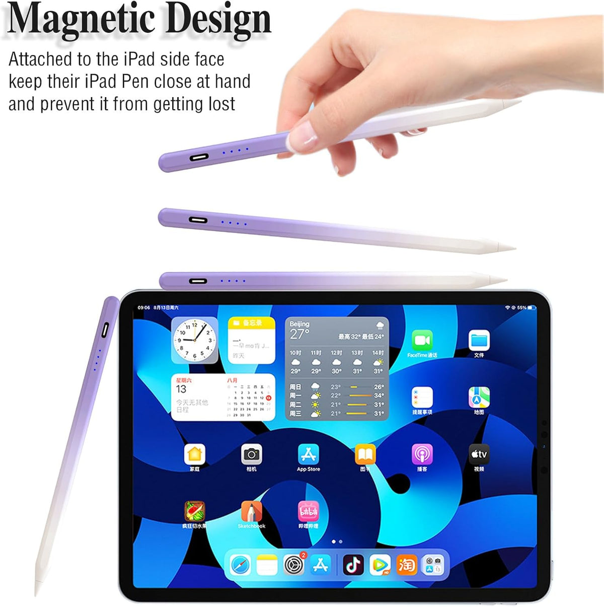Acitve Stylus Pens for Touch Screens, iPad Pencil with 4 POM Tips Magnetic Stylus Pen for iPad/Pro/Air/Mini/iPhone/Samsung/Huawei/Lenovo/iOS/Android and Other Smartphone Devices - Purple