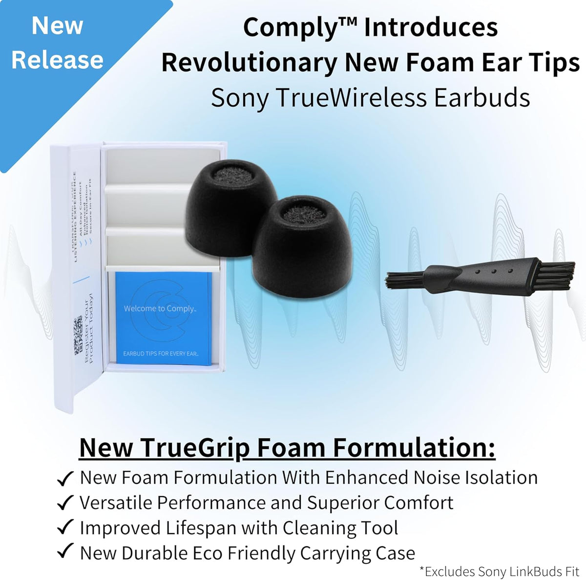 Comply TrueGrip | Premium Memory Foam Replacement Earbud Tips for Sony True Wireless Earbuds | Enhanced Comfort, Secure Fit, Superior Noise Isolation, Cleaning Tool | Black, Large (3 Pairs)
