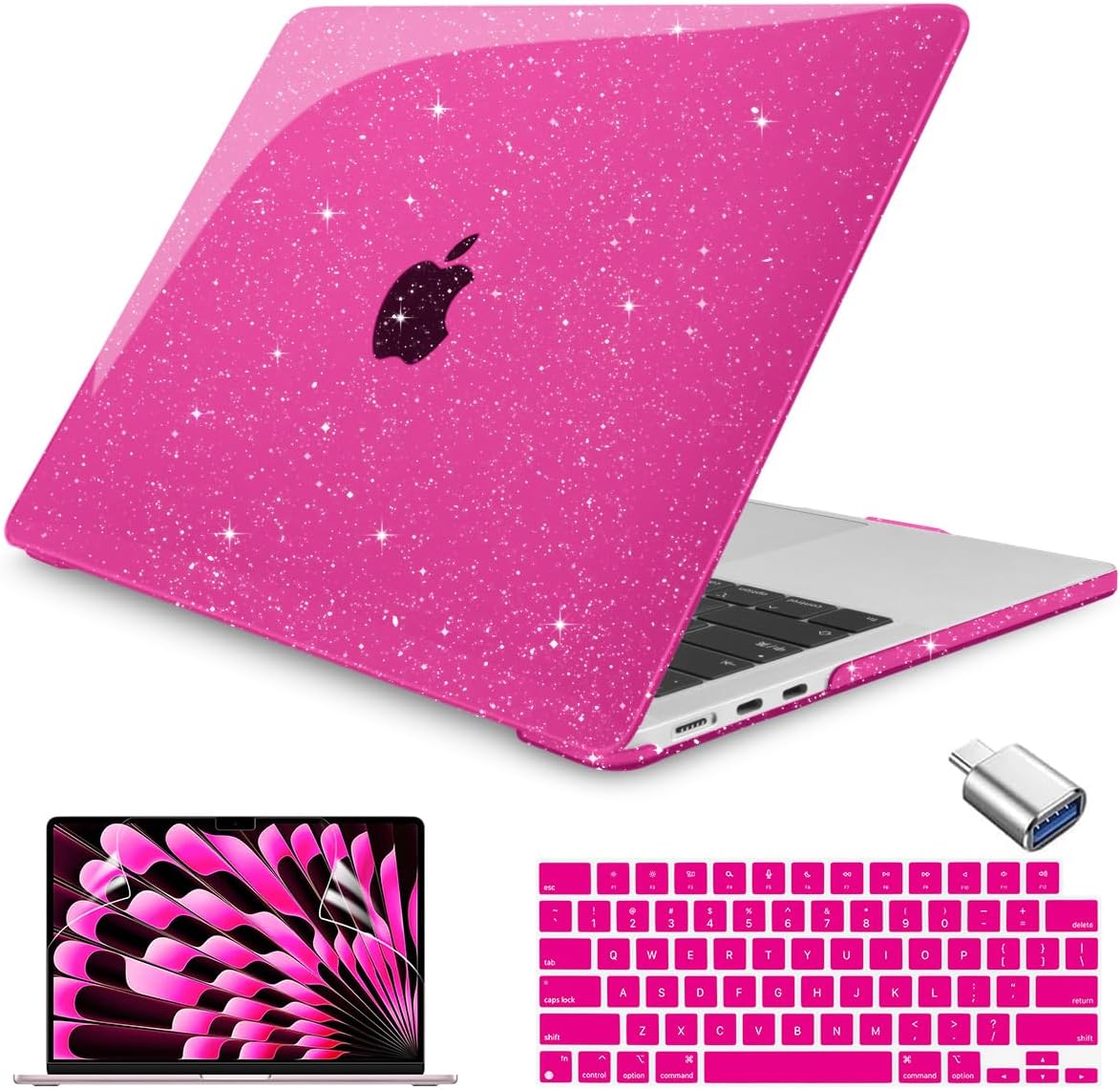 Teryeefi Compatible with MacBook Air 15 inch Case M4 M3 M2 Chip 2025 2024 2023 Release A3241 A3114 A2941 Model with Keyboard Cover + Type C Adapter for Air 15.3 Sparkly Case, Glitter Rose Pink