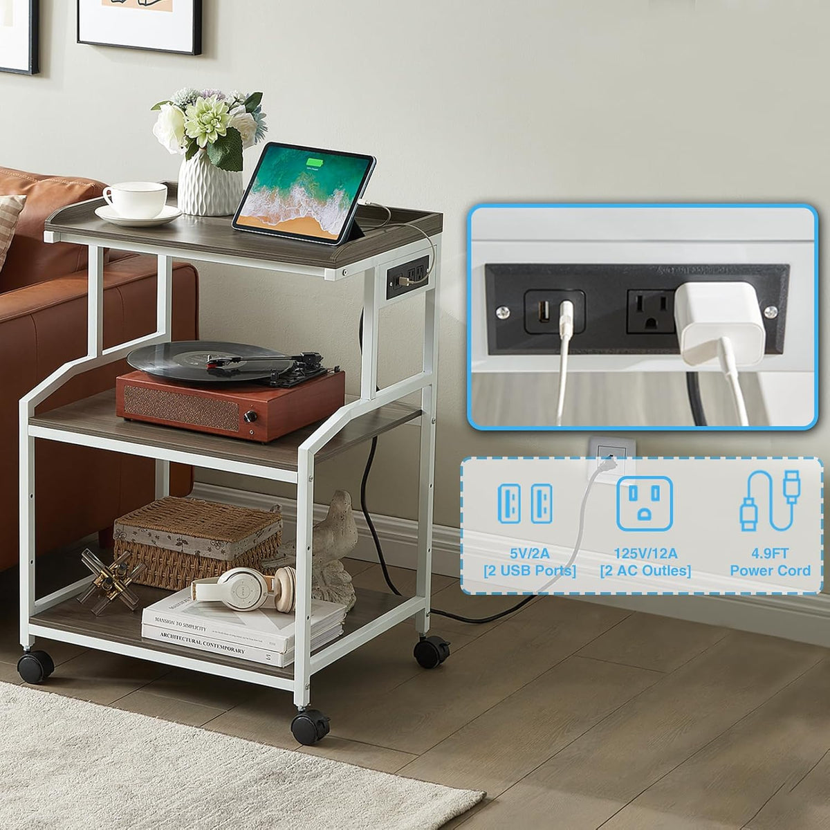 Lauren&Harold 34'' Printer Stand with Power Outlets & USB Ports, 3-Tier Adjustable Rolling Cart, Heavy Duty 150LBS Storage Table with Wheels for Office, Kitchen, Living Room, Grey/White