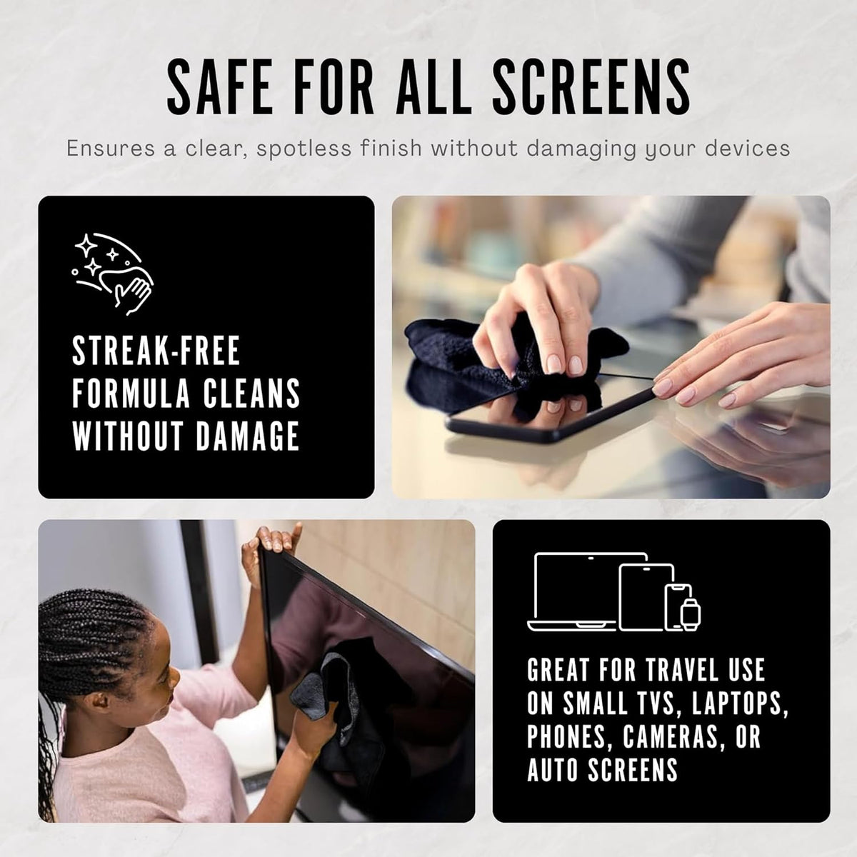 Delete Screen Cleaner Spray Kit, 4 Pack, 2oz Bottle and 12"x12" Microfiber Cleaning Cloth, Streak-Free, Safe and Gentle Formula, Multi-Purpose for Travel, Small TVs, Cameras, Laptops, Phones