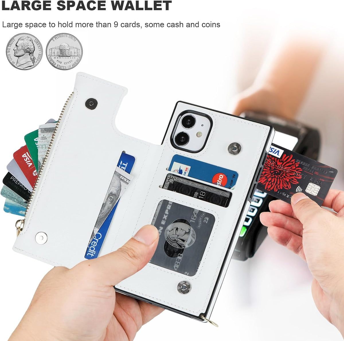 Bocasal Crossbody Wallet Case for iPhone 11 with Card Holder,Zipper Card Slot Protector Shockproof Purse Cover with Removable Cross Body Strap 6.1 Inch (White)