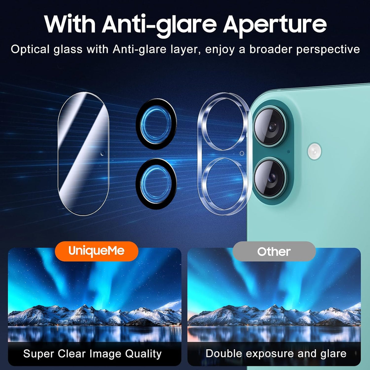 UniqueMe for 3 Pack iPhone 16 / iPhone 16 Plus Camera Lens Protector - [Drop Protection] [Case Friendly] 9H Tempered Glass Camera Cover Screen [Update New Version]